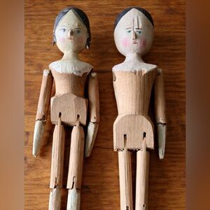 🌸 Antique Wooden Jointed Peg Dolls Primitive Folk Art Pair Early 1900s 10” Tall